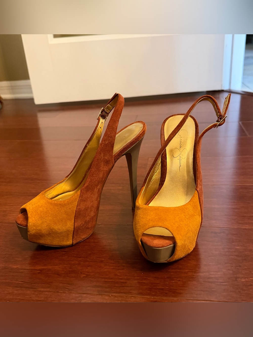 Jessica Simpson Two-Tone Suede Peep-Toe Slingback Heels - Rust & Mustard